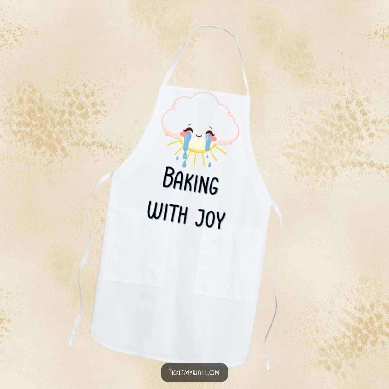 Funny fluffy cloud weeping tears of joy onto a sun, whimsical apron, happy kitchen accessory.