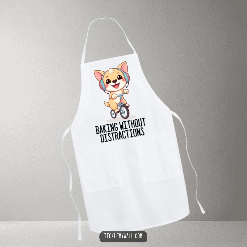 Funny apron print of a cheerful dog wearing earmuffs, riding a tiny unicycle, ideal for kitchen fun and humor.