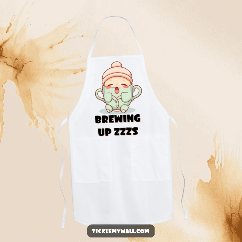 Funny apron featuring a sleepy teacup wearing pajamas and yawning steam, perfect for cozy kitchen moments.