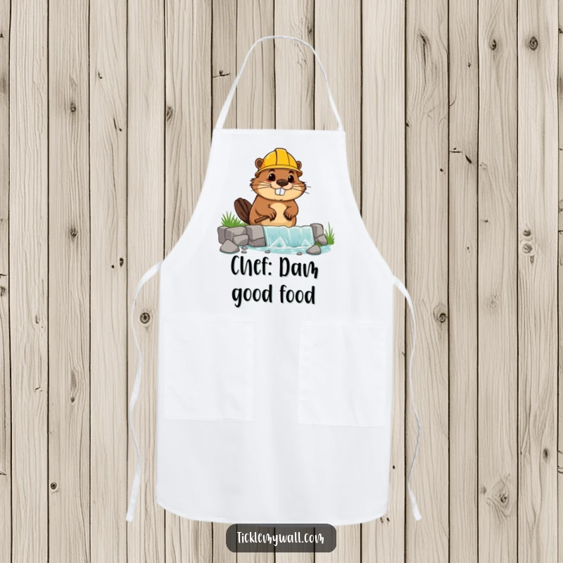 Funny apron with a goofy beaver wearing a hard hat, building a wonky dam, ideal for kitchen fun.