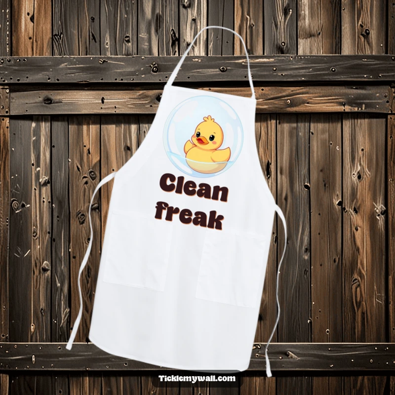 Funny apron depicting a rubber ducky stuck in a giant bubble. A humorous and practical accessory for bath time or kitchen use.