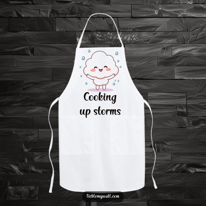 Funny happy cloud character juggling tiny raindrops, printed on a stylish apron for kitchen humor.