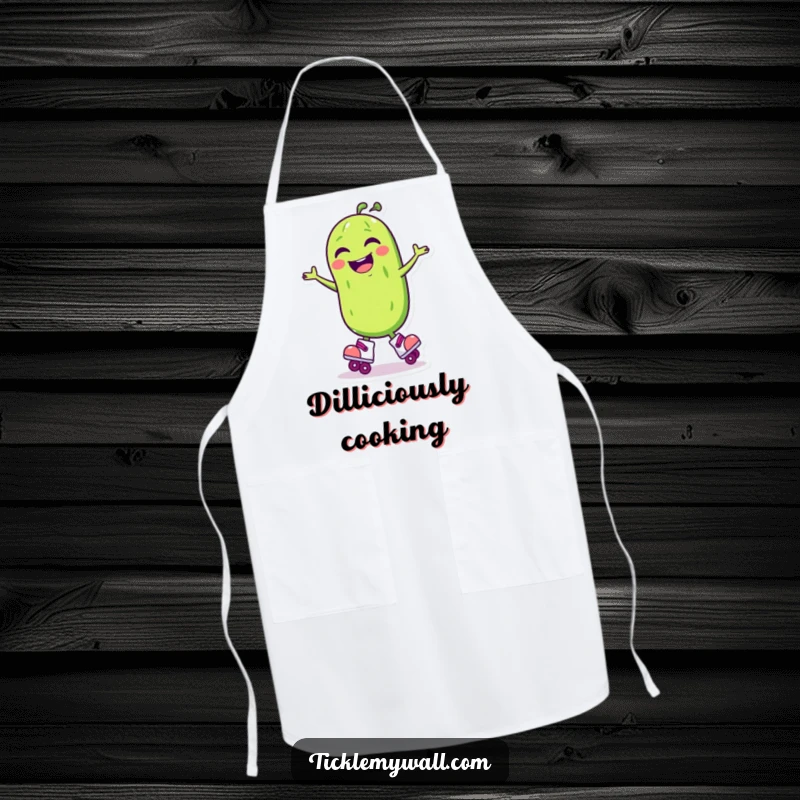 Funny Laughing Pickle Roller Skate Apron: A laughing pickle on skates spins, a funny kitchen apron.