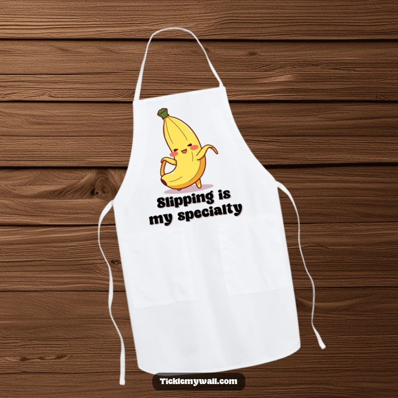 Funny Banana Peel Slip Apron: A blushing banana peel character comically slipping, adding humor to kitchen duties.