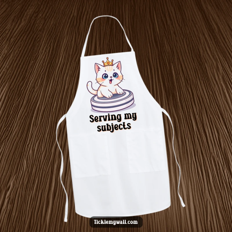 Funny crowned cat surprised while riding a Roomba, a practical and humorous apron for kitchen adventures.