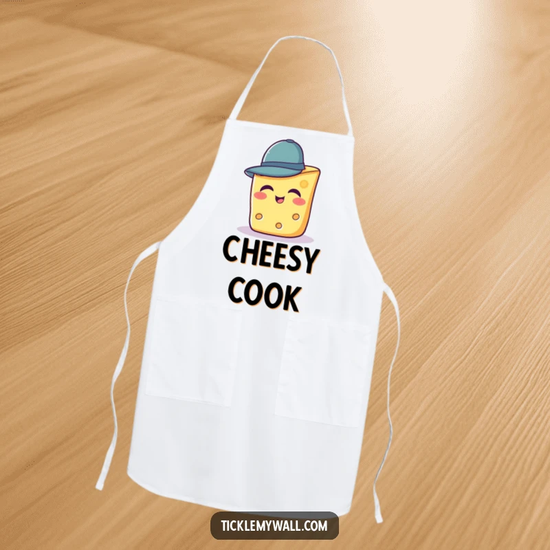 Funny apron with a giggling slice of cheese wearing a tiny hat, perfect for kitchen fun.