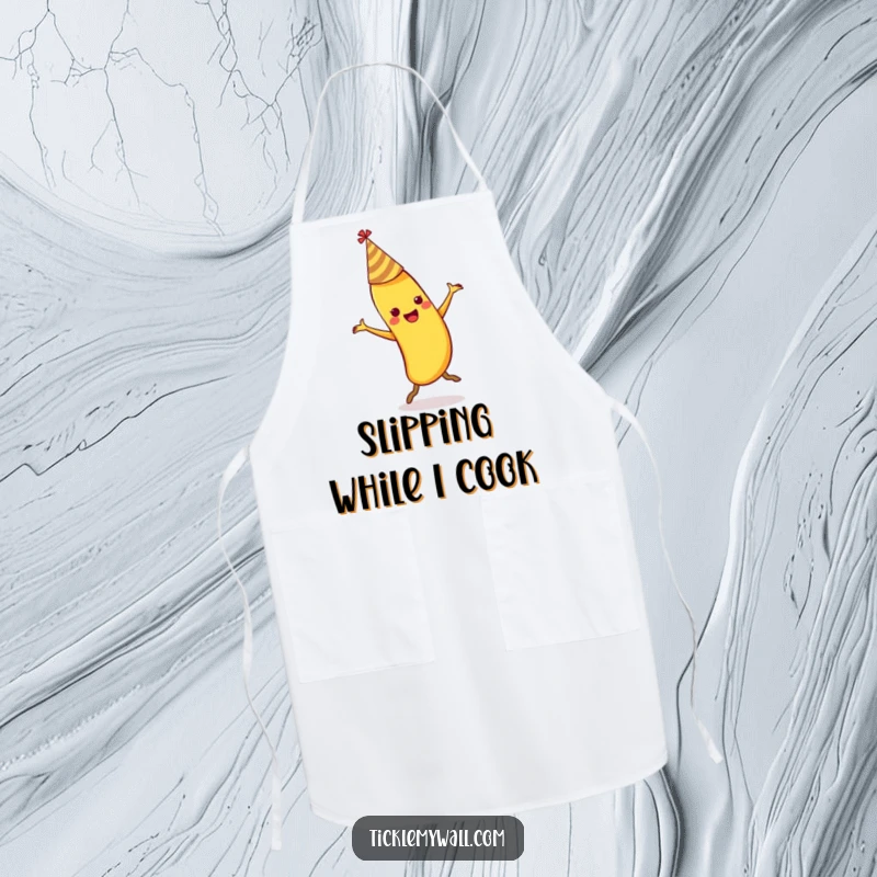 Funny dancing banana wearing a party hat slipping on its own peel on a durable kitchen apron.