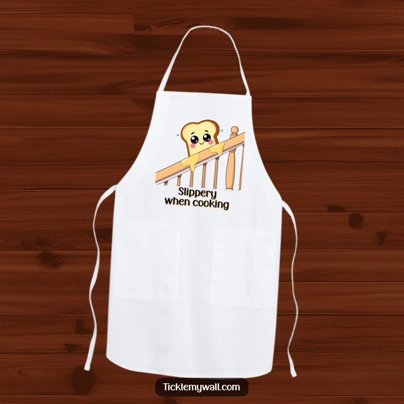 Funny piece of toast with googly eyes sliding down a buttered banister, a practical and humorous apron.