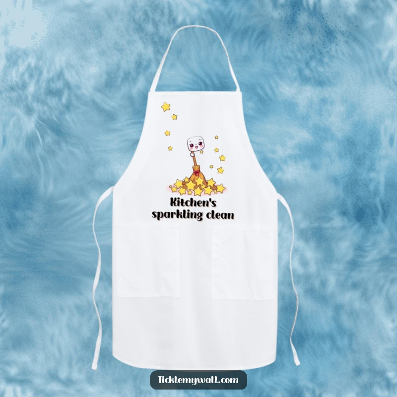 Funny apron depicting a happy broom joyfully sweeping a pile of giggling stars, ideal for humorous and magical culinary adventures.
