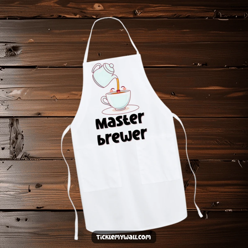 Funny apron featuring a happy teacup comically pouring itself a drink from a teapot. Great for kitchen humor and aspiring baristas.
