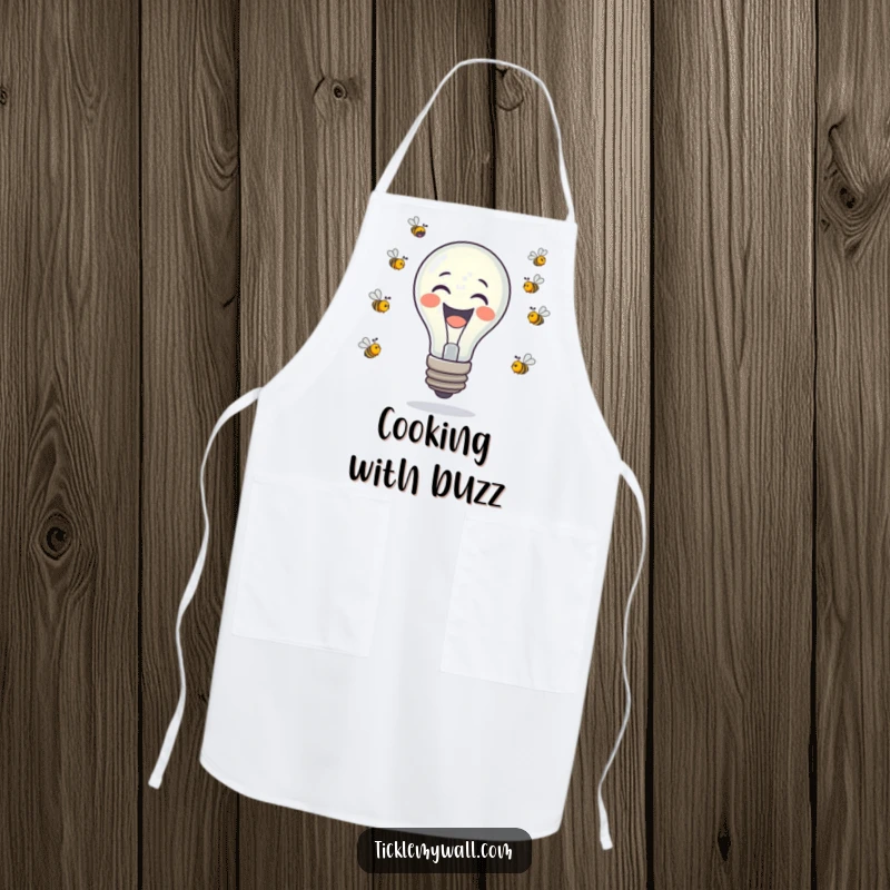 Funny laughing lightbulb juggling tiny buzzing bees on a kitchen apron, for humorous and creative cooking.