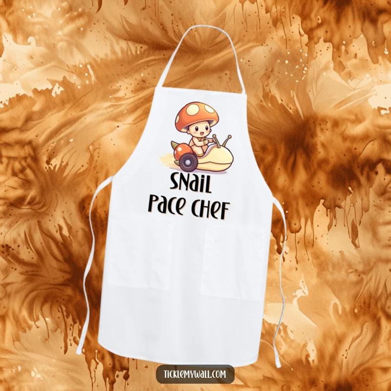 Funny Mushroom Snail Apron, a mushroom riding a snail like a race car, ideal for humorous cooking.