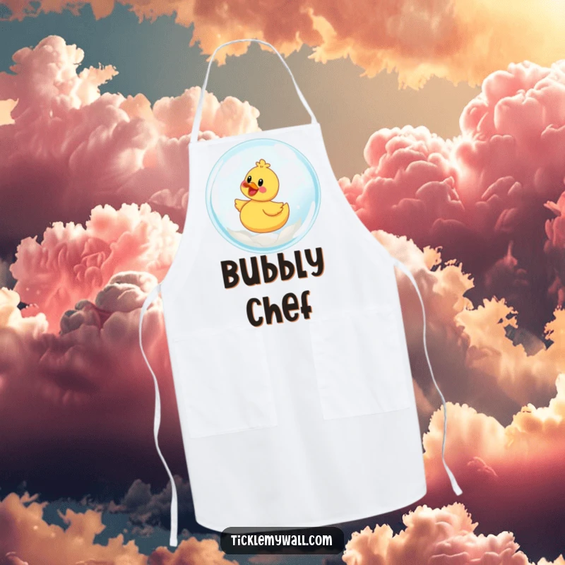 Funny apron with a joyful rubber ducky riding a giant bubble, perfect for kitchen fun.