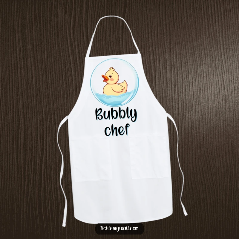 Funny Rubber Ducky Apron showing a delighted ducky joyfully riding a giant bubble, perfect for playful kitchen adventures.