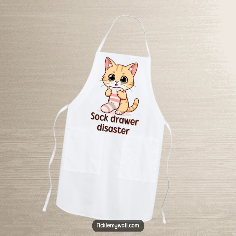 Funny apron featuring a surprised cat comically trying to wear a tiny sock, adding humor to kitchen tasks.