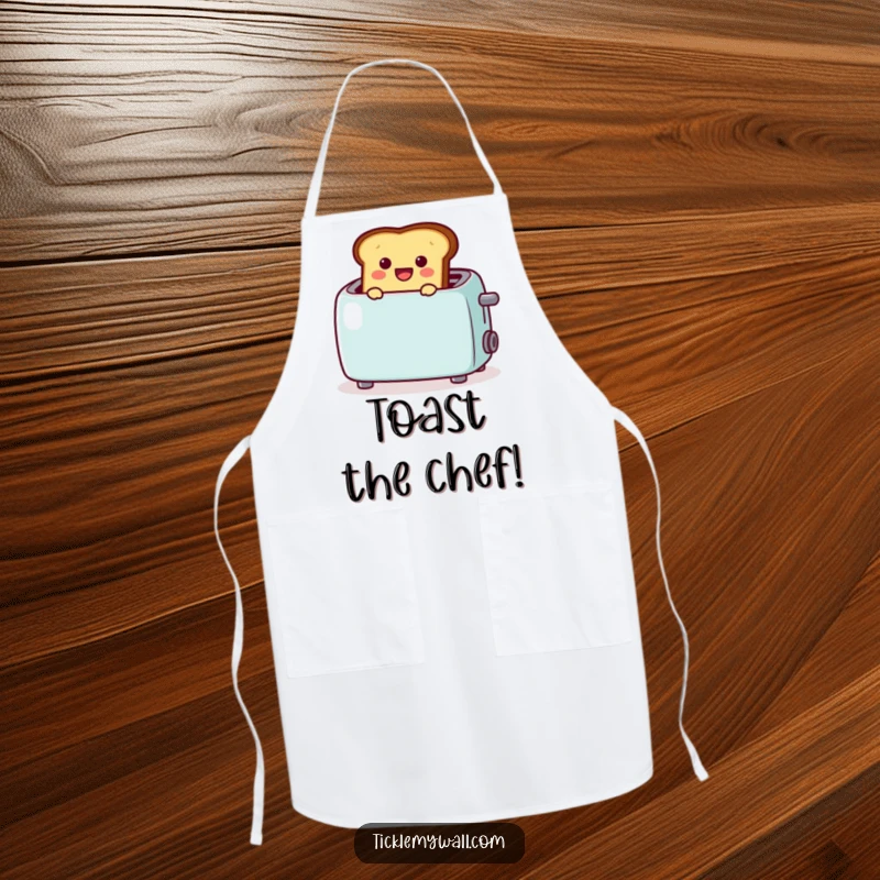 Funny apron depicting cheerful toast popping from a toaster with a 🎉, ideal for kitchen fun and a great funny gift.