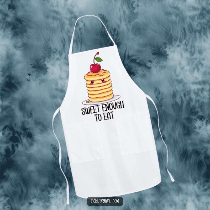Funny wobbly stack of pancakes attempting to balance a cherry, printed on a stylish apron for kitchen humor.