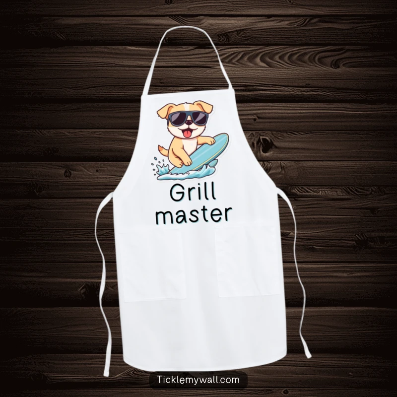 Funny apron depicting a dog wearing sunglasses attempting to surf. A humorous and practical accessory for beach parties or grilling.