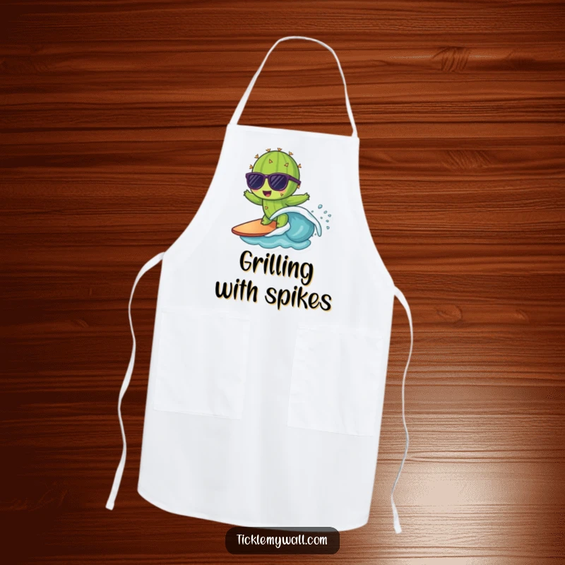 Funny apron of a cactus in sunglasses surfing a tiny wave, for a humorous and cool kitchen experience.