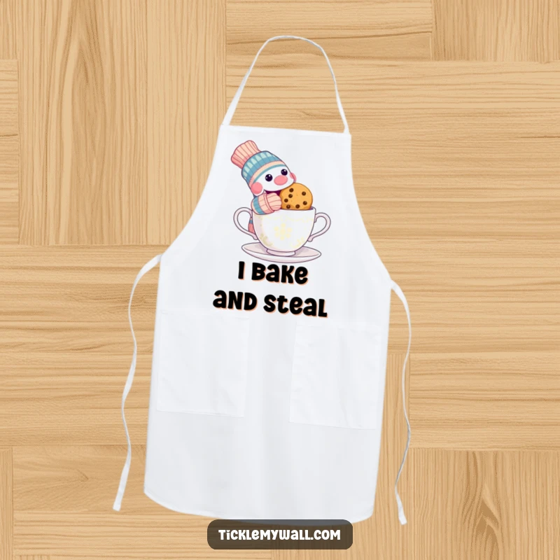 Funny apron depicting a mischievous sock puppet stealing a cookie from a surprised teacup, for humorous culinary endeavors.