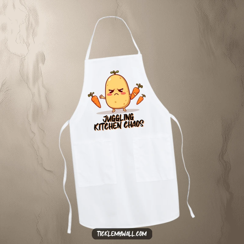 Funny Apron: A nervous potato character juggling carrots, designed for kitchen fun and protection with humor.