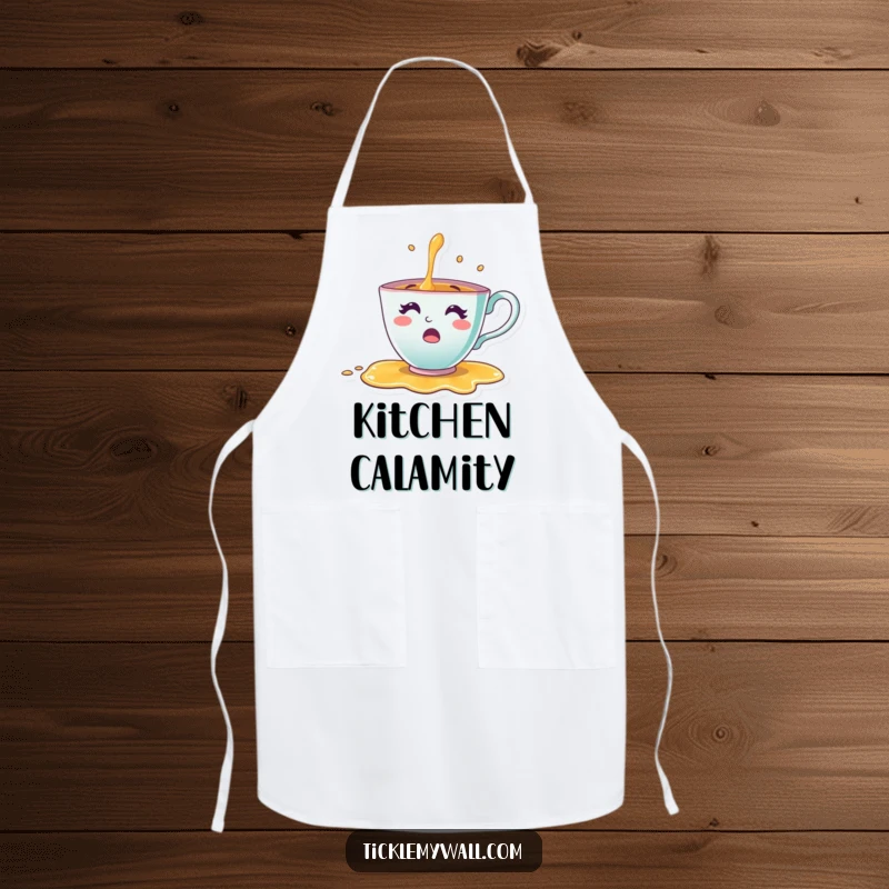 Funny Teacup Apron showing a cheerful teacup character comically spilling tea while cooking, a perfect humorous kitchen accessory.