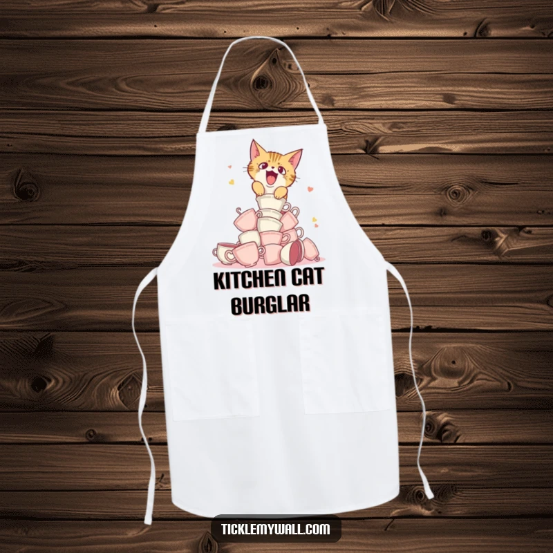 Funny apron with a startled cat knocking over teacups, ideal for kitchen fun and protecting clothes.