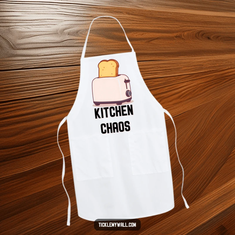 Funny apron depicting toast flying too high out of a toaster. A humorous and practical accessory for kitchen use.