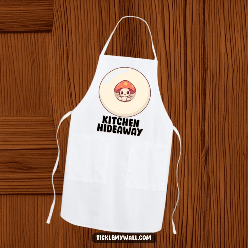 Funny shy mushroom peeking from behind a giant smiling button on a kitchen apron, adding a touch of humor.
