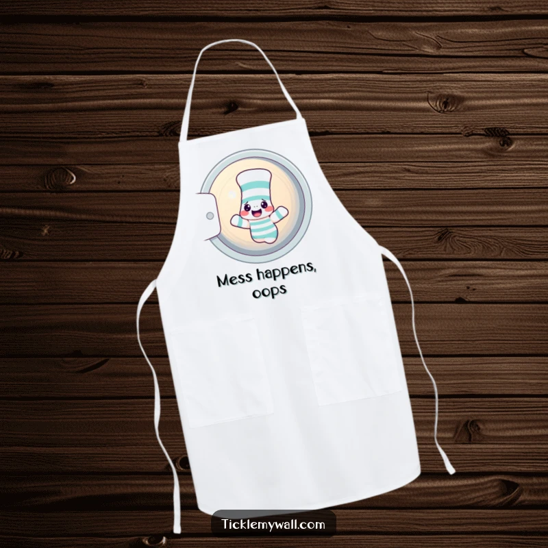 Funny sock apron showing a confused sock and sock puppet in a dryer, a humorous and practical kitchen accessory.