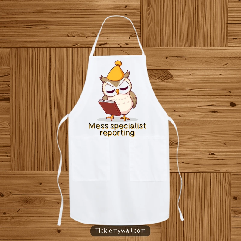 Funny apron with a clumsy owl in a hat fumbling a book, ideal for kitchen fun and protecting clothes.