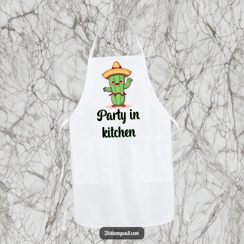 Funny Limbo Cactus Apron: A cheerful cactus wearing a sombrero limboing, a humorous kitchen accessory.