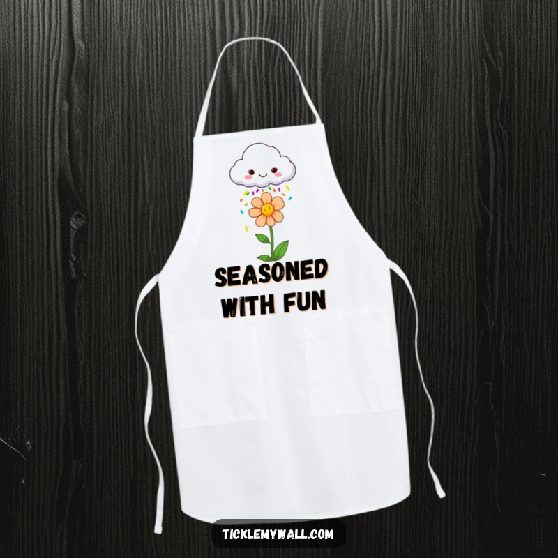 Funny apron print of a smiling cloud showering a happy flower with colorful sprinkles, perfect for cheerful cooking.
