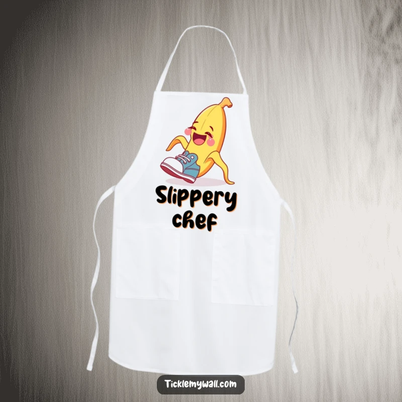 Funny banana peel apron, tripping a surprised shoe, humorous kitchen accessory, great funny gift.