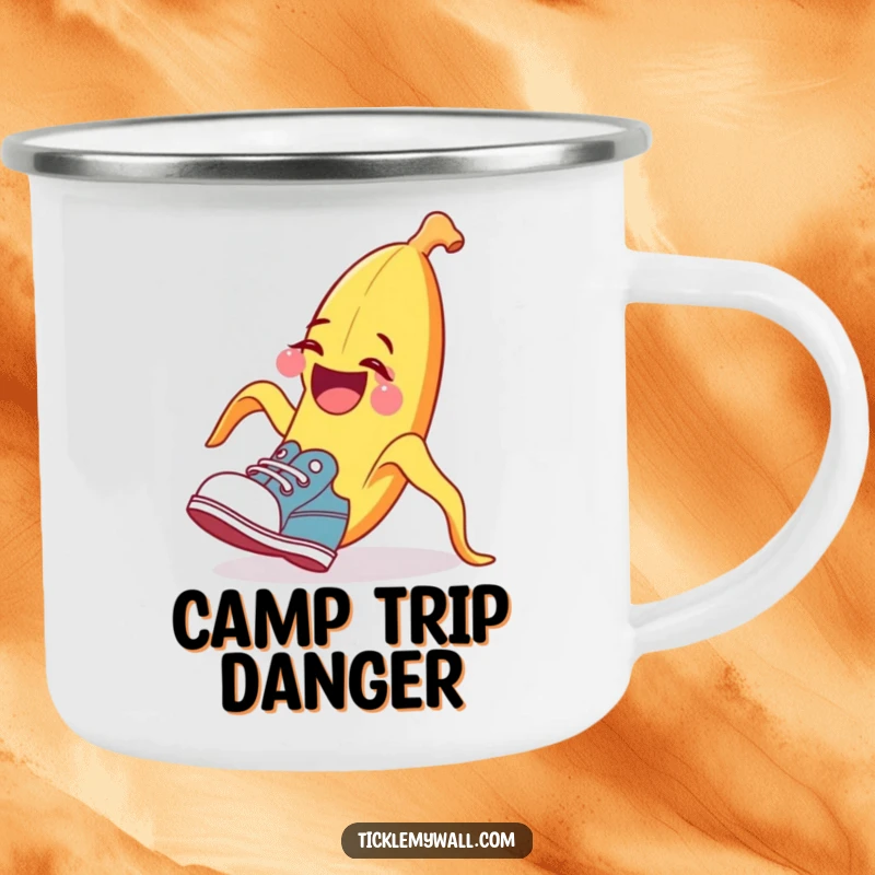 Funny banana peel camping mug, tripping a surprised shoe, durable outdoor drinkware, perfect funny gift.
