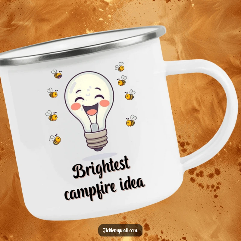 Funny laughing lightbulb juggling tiny buzzing bees on a durable camping mug for humorous outdoor use.