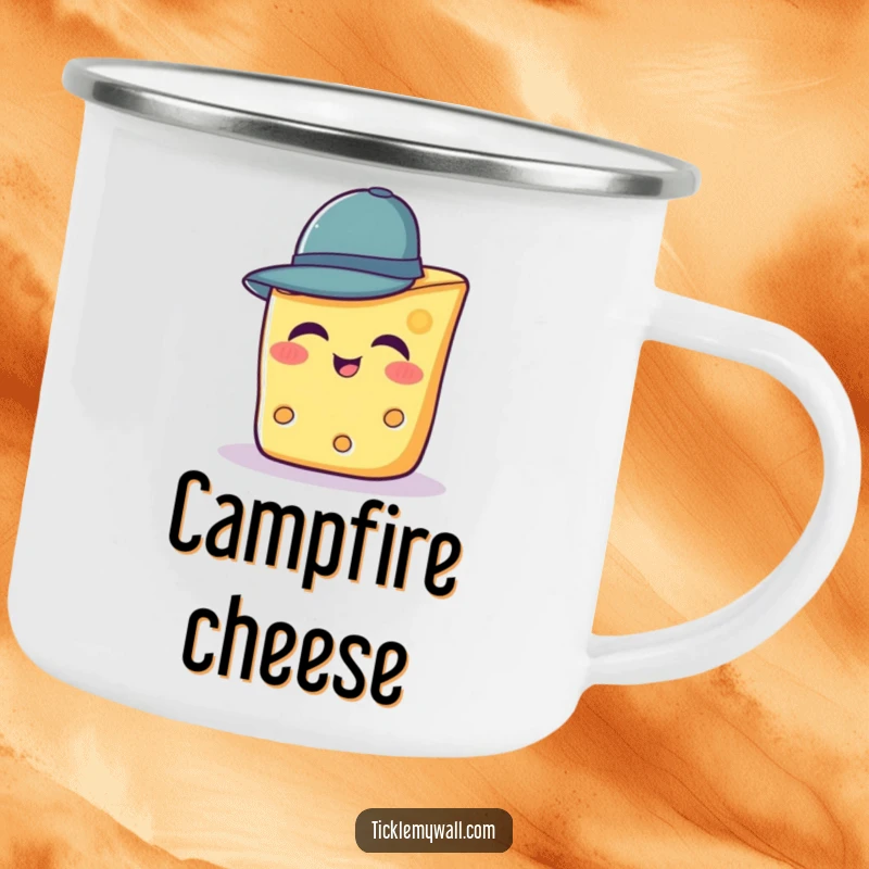 Funny camping mug with a giggling slice of cheese wearing a tiny hat outdoors.