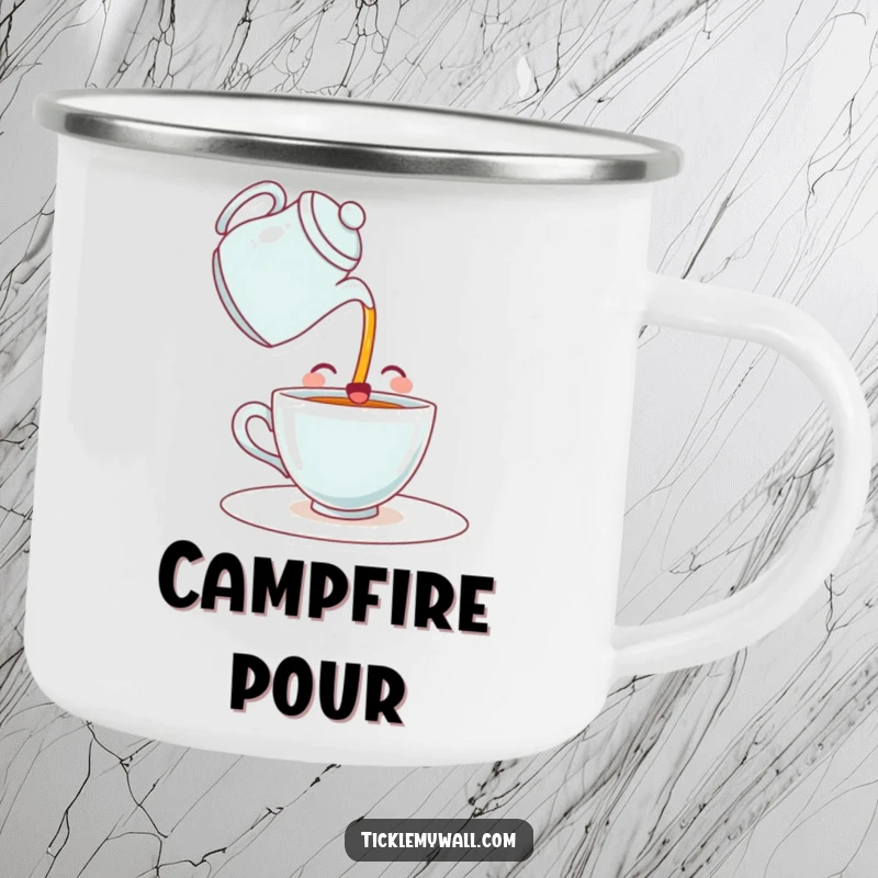 Funny camping mug with a happy teacup comically pouring itself a drink from a teapot. Rugged humor for beverage lovers on the go.