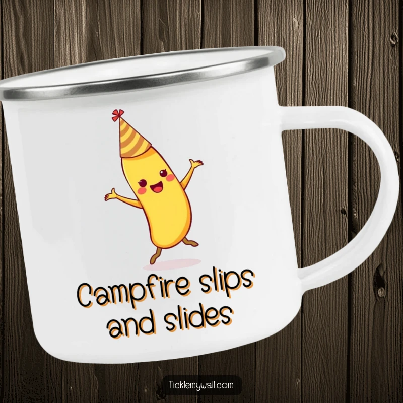 Funny dancing banana wearing a party hat slipping on its own peel on an enamel camping mug.