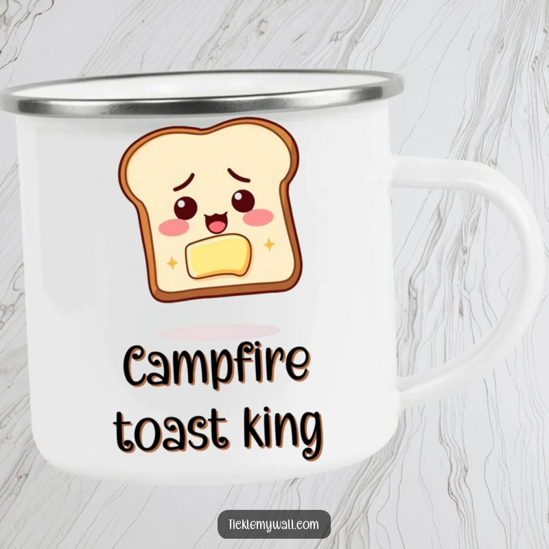 Funny camping mug featuring determined toast reaching for butter, perfect for outdoor breakfast adventures.