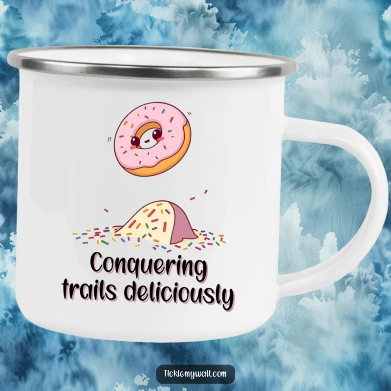 Funny donut camping mug showing a determined donut jumping over scattered sprinkles, perfect for outdoor adventures and laughs.