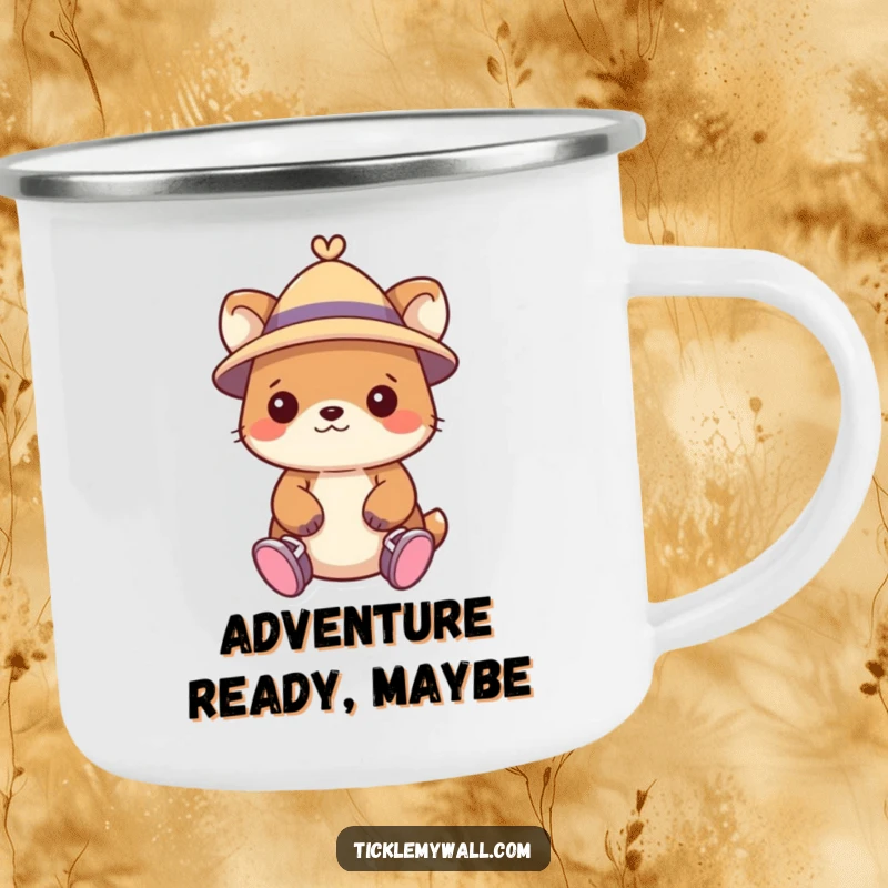 Funny camping mug featuring a cute animal in a hat, humorously wearing shoes on its hands.