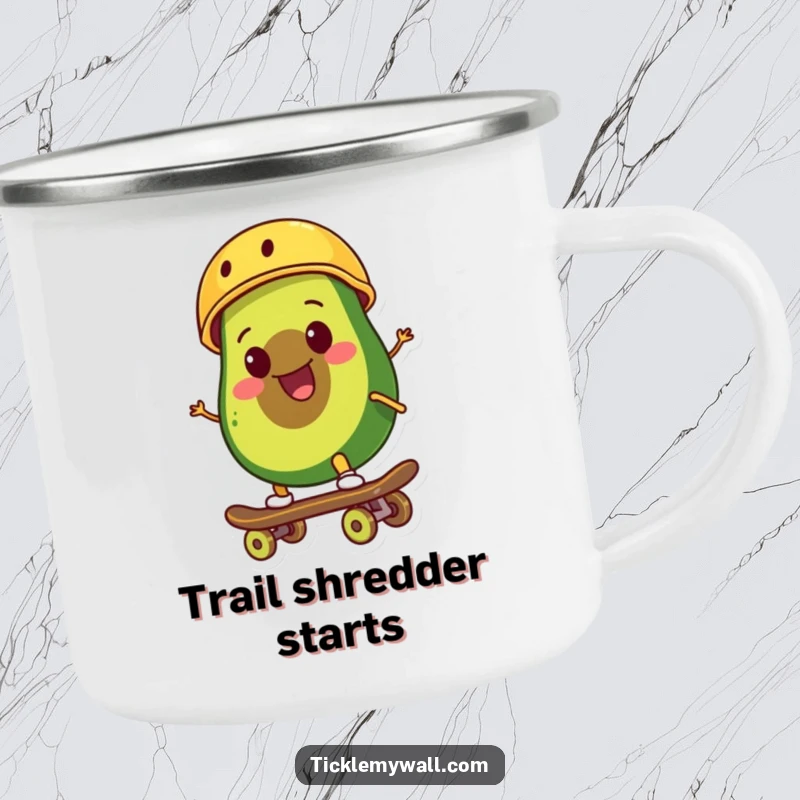 Funny smiling avocado wearing a tiny helmet rides a skateboard with a cool, determined expression on an enamel camping mug.