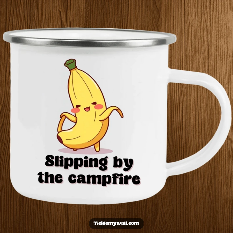 Funny Banana Peel Slip Camping Mug: A blushing banana peel character slipping, ready for outdoor fun and laughter.