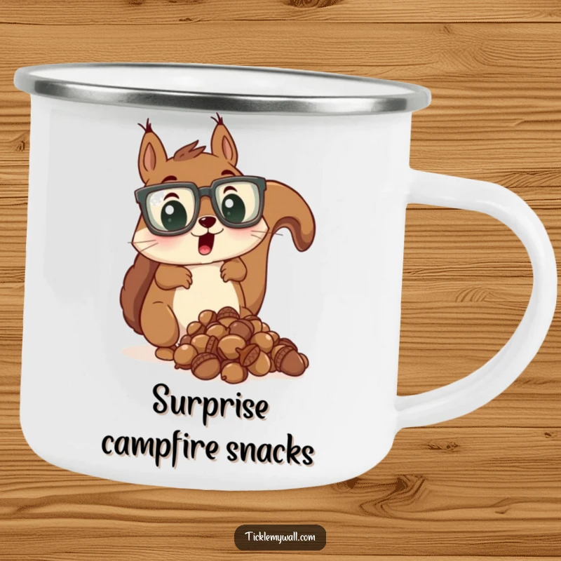 Funny camping mug depicting a surprised squirrel wearing oversized glasses dropping acorns, for outdoor use.
