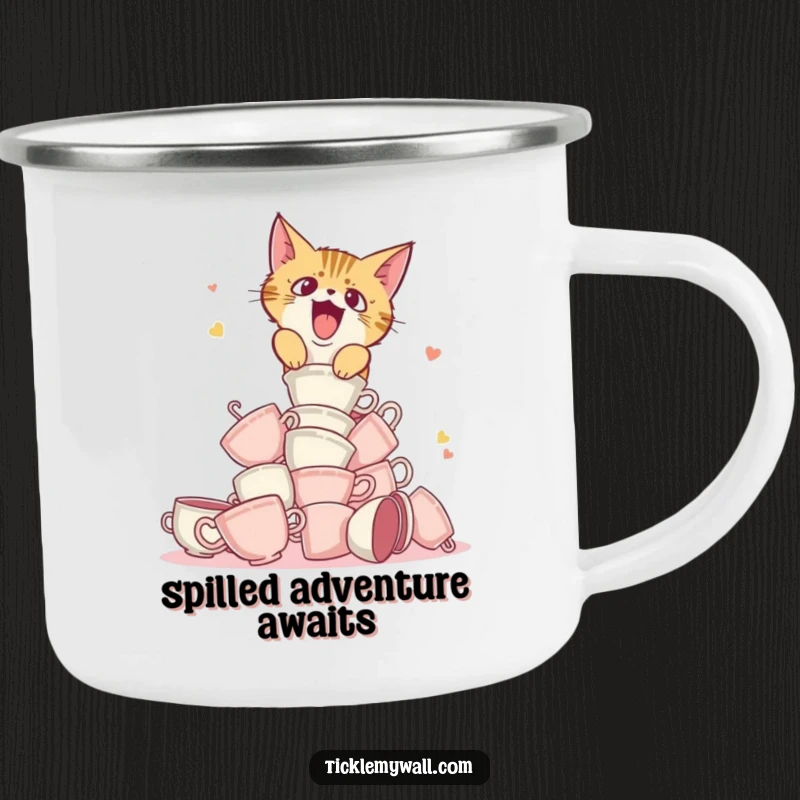 Funny enamel camping mug with a startled cat knocking over teacups, designed for outdoor fun.