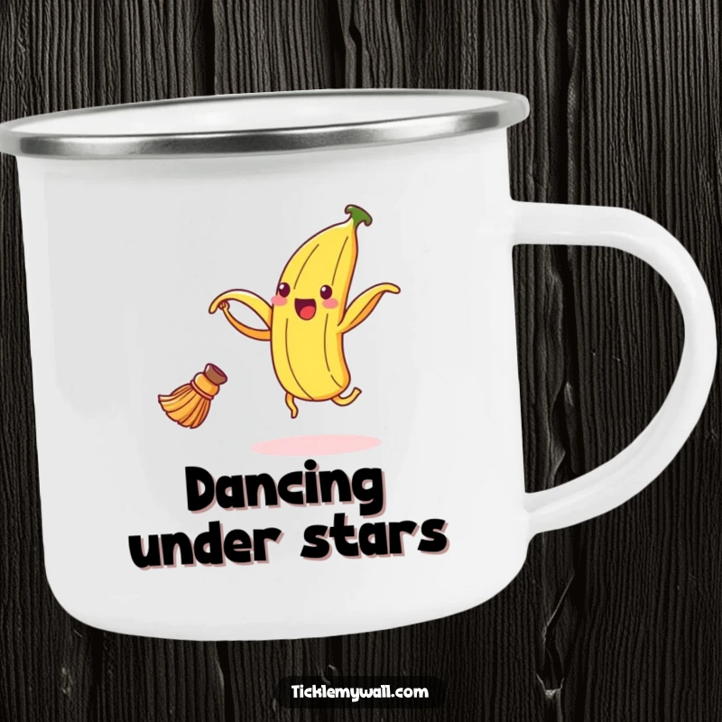 Funny banana peel camping mug featuring a delighted peel dancing with a broom, durable and humorous for outdoor use.
