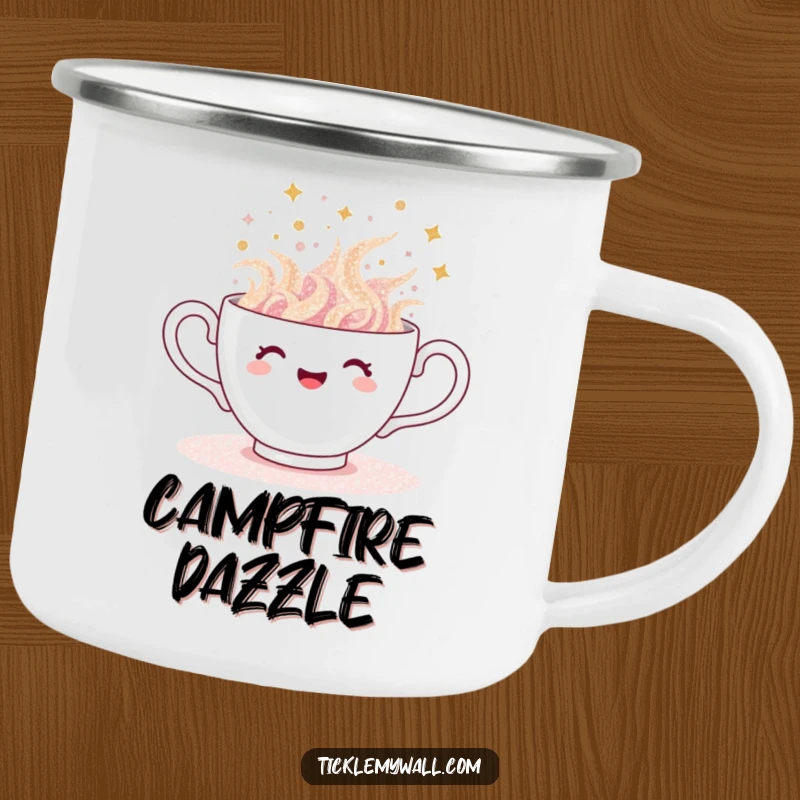 Funny teacup camping mug, enamel cup with a teacup overflowing with glitter, spilling gleefully, outdoor sparkle.