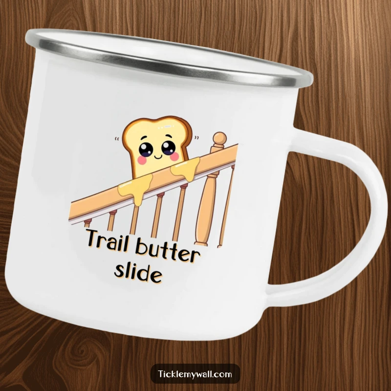 Funny piece of toast with googly eyes sliding down a buttered banister, a humorous and durable camping mug.
