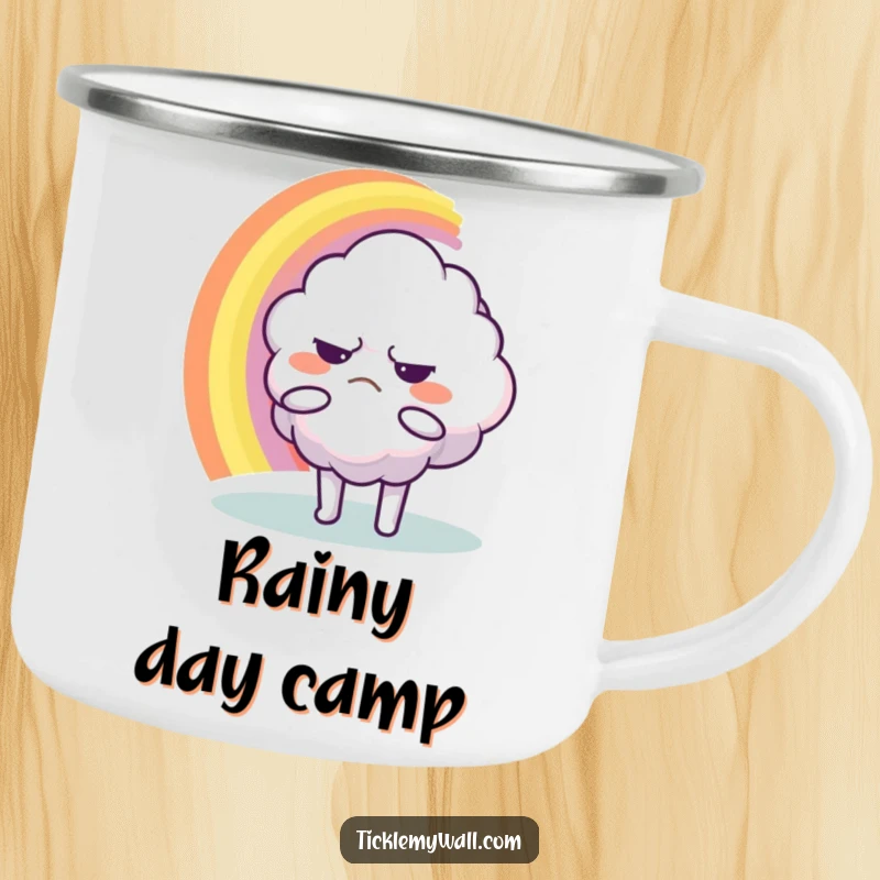 Funny Camping Mug: A grumpy cloud character hugging a rainbow, ideal for enjoying drinks with a laugh.